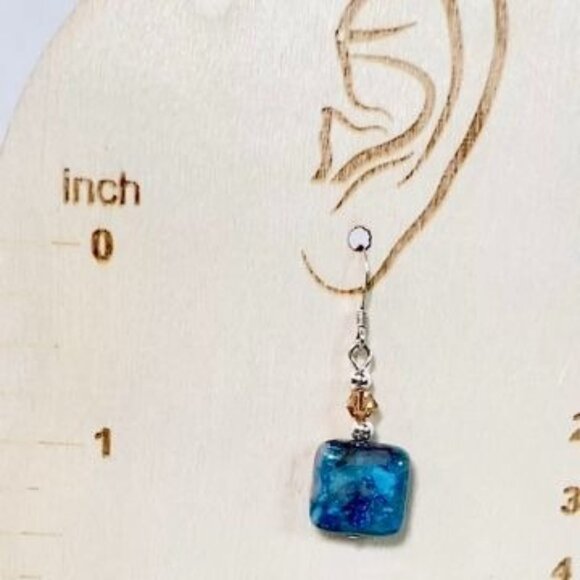 Silver 925 Dangle Earrings OOAK  .5" Sq Blue Brown Jadeite Bead Silver Accents - Picture 6 of 6